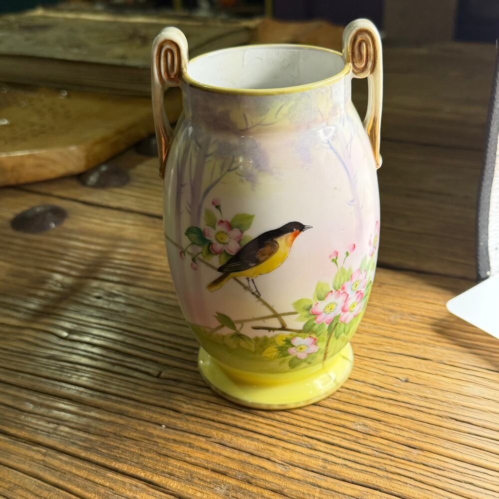 Nippon Hand Painted Vase Urn Cream Pink Pastel Floral Bird Dual Handle Antique